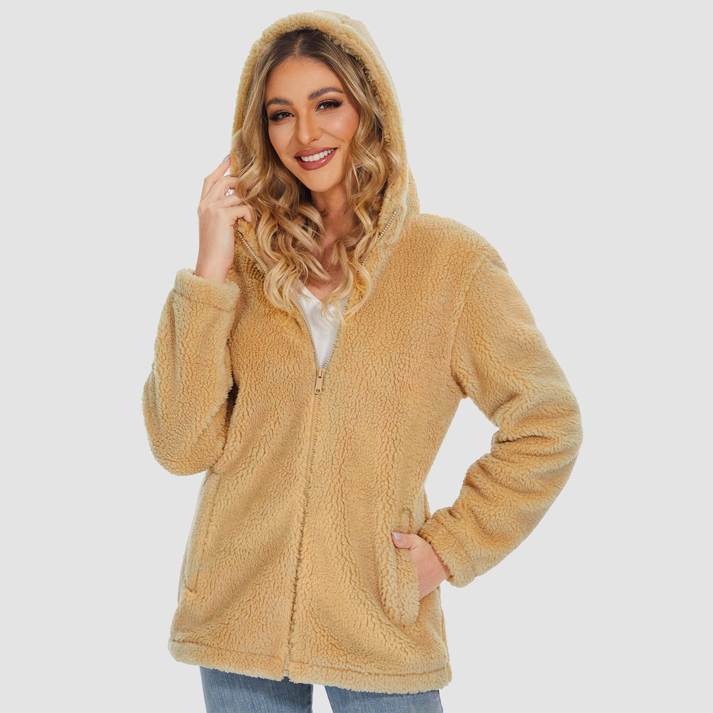 CozyChic Dames Hooded Sherpa Jas: Rits, Zakken - Winterse Warmte