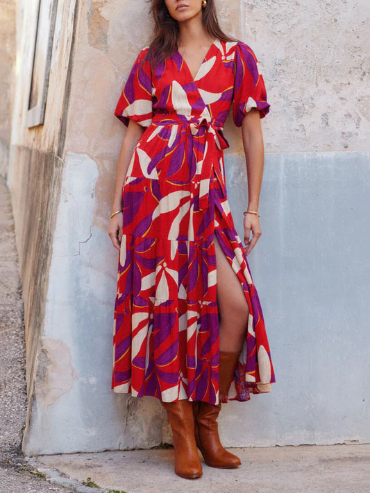 Rode Jurk V-Hals Pofmouwen Slit Maxi - Emma