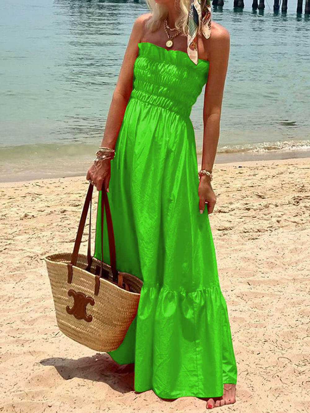 Blauw-Smoked Bust Off Shoulder Vakantie Maxi Jurk-Luna