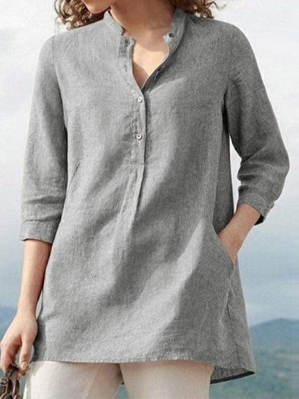 Chique Damesblouse met 3/4 Mouwen en Opstaande Kraag