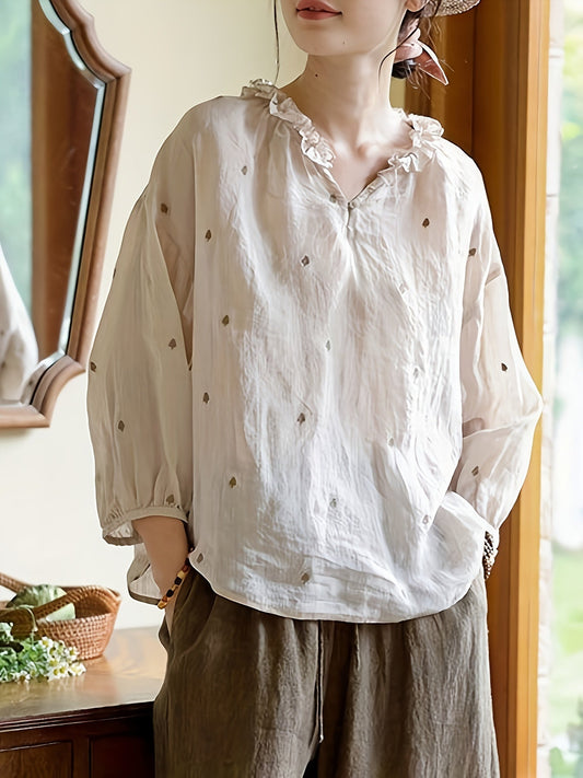 Chique Katoenen Geborduurde Shirt - Ideaal voor Lente/Zomer