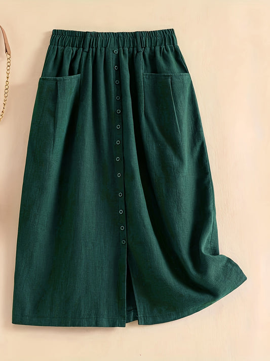Charmante Linnen Midi-Rok met Zakken en Vintage Knopen