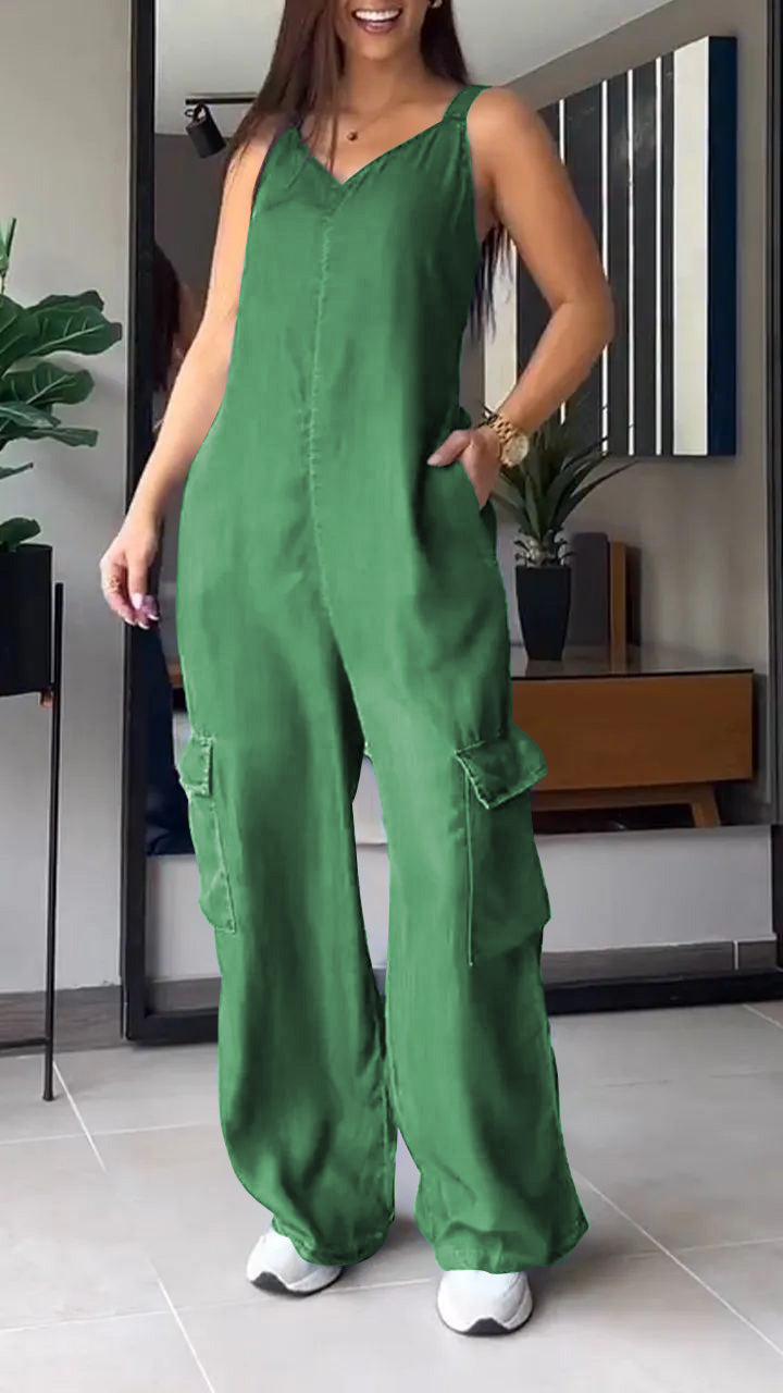 Blauwe Denimhemd V-hals Cargo Jumpsuit - Sarah