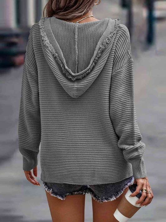 Chique Geribbelde Hoodie met Franje & V-Hals