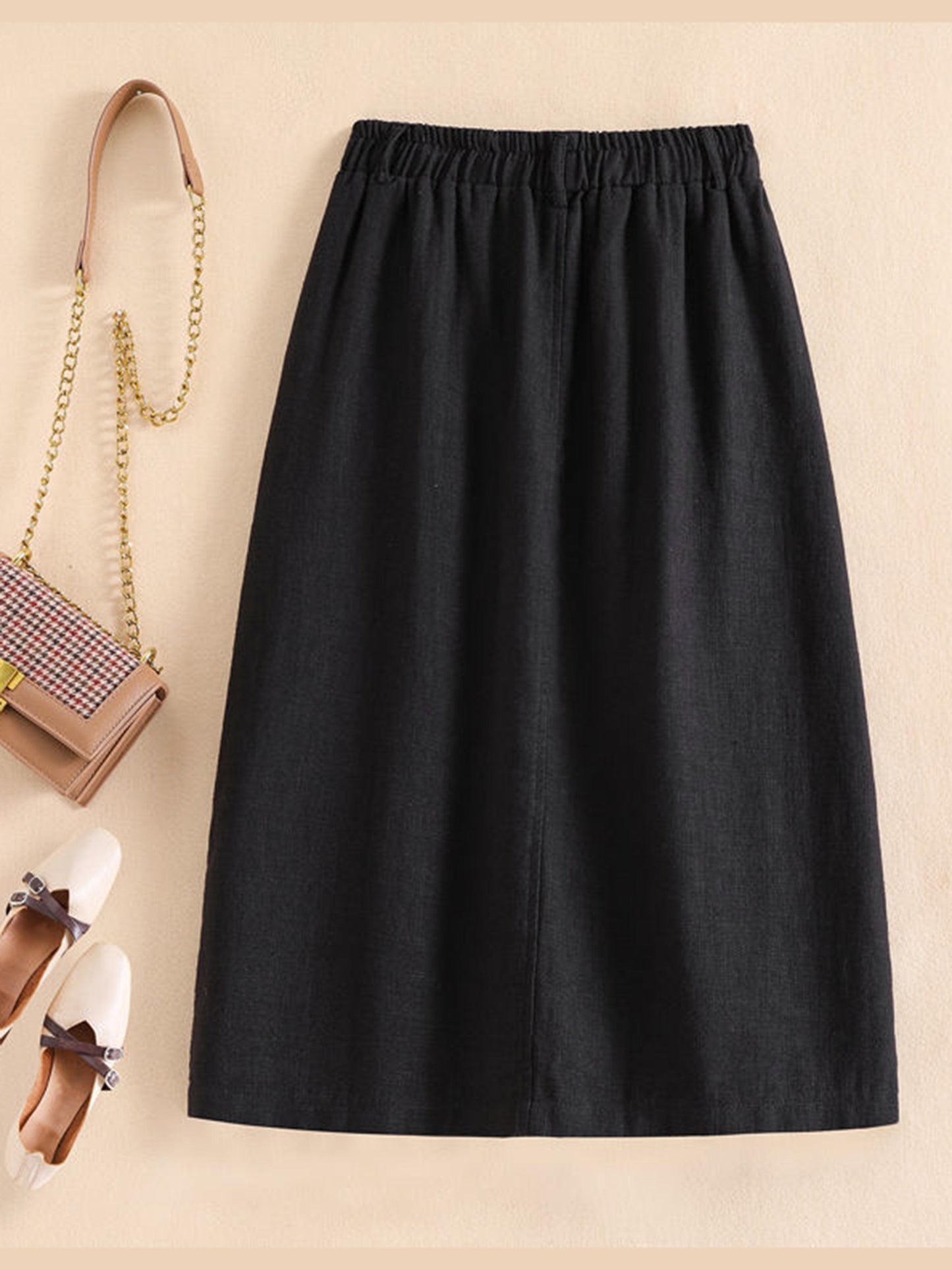 Charmante Linnen Midi-Rok met Zakken en Vintage Knopen