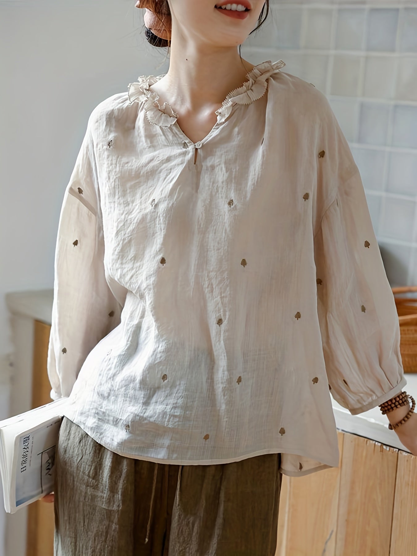 Chique Katoenen Geborduurde Shirt - Ideaal voor Lente/Zomer