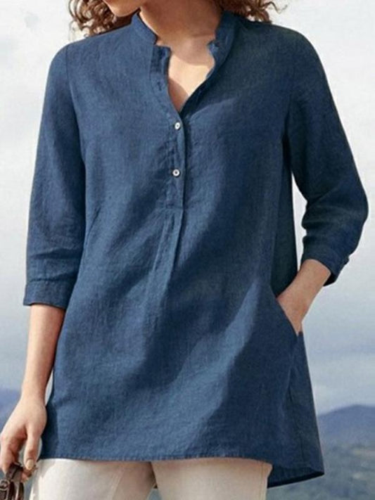 Chique Damesblouse met 3/4 Mouwen en Opstaande Kraag