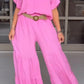 Roze Twee-delige Set met V-hals en Halflange Mouwen - Feline