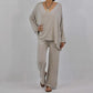 Amelia - Kaki Gebreide Casual Set met Blouse en Broek