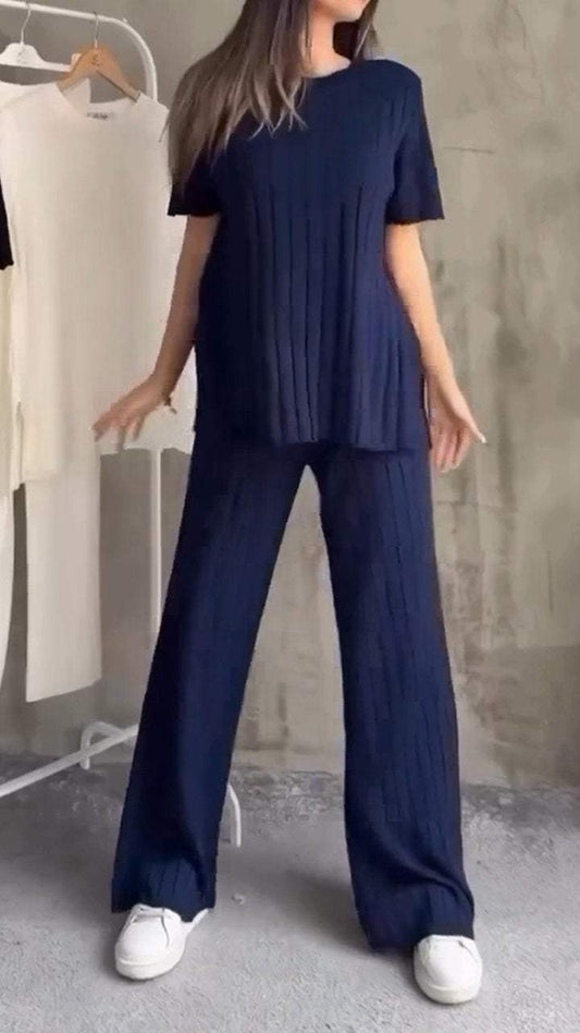Julia - Blauw Casual Pak met Ronde Hals