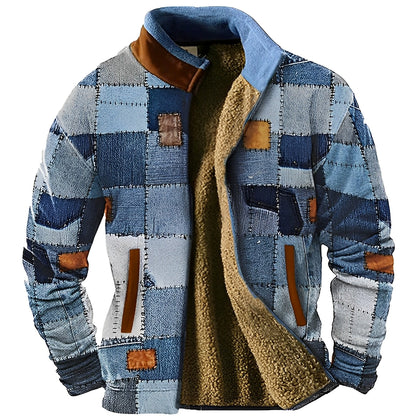Sky Blue Fleece Designer Rits Sweater: Grafische Elegantie voor de Winter
