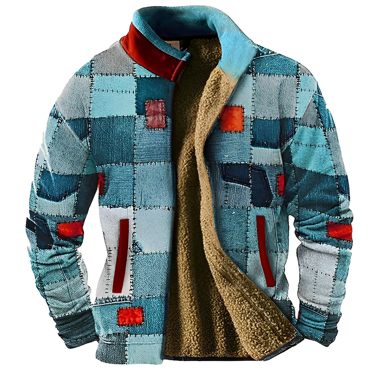 Sky Blue Fleece Designer Rits Sweater: Grafische Elegantie voor de Winter