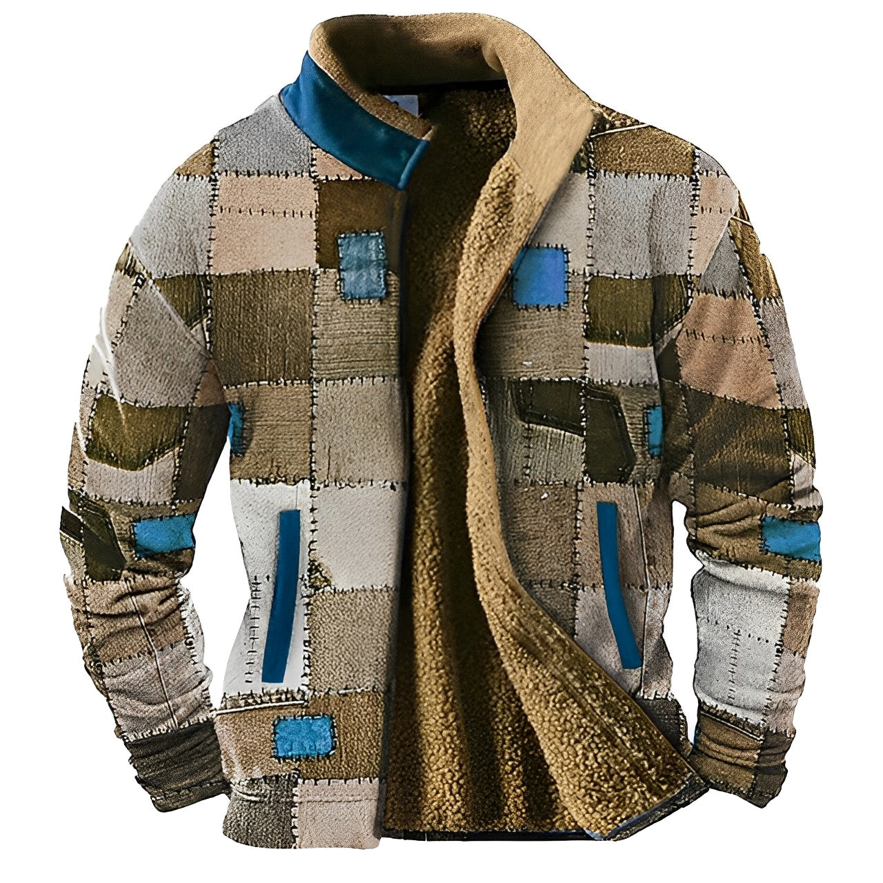 Sky Blue Fleece Designer Rits Sweater: Grafische Elegantie voor de Winter