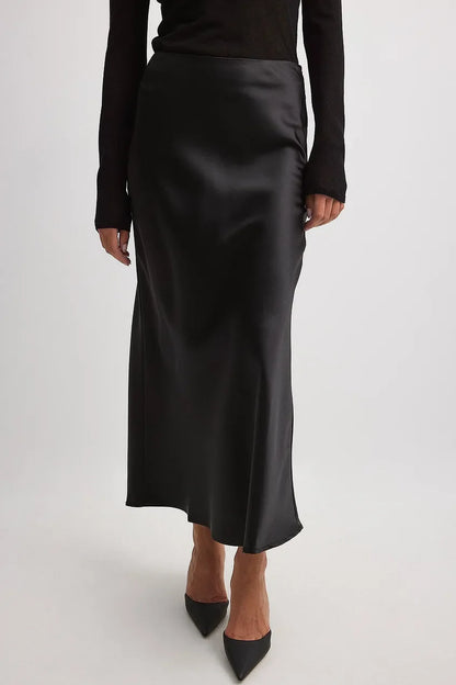 Zwarte Satijnen Rok Hoge Taille - Anna