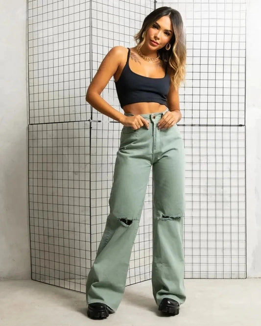 Vibrant Wide Leg Jeans - Hoge Taille & Kleurrijk Design